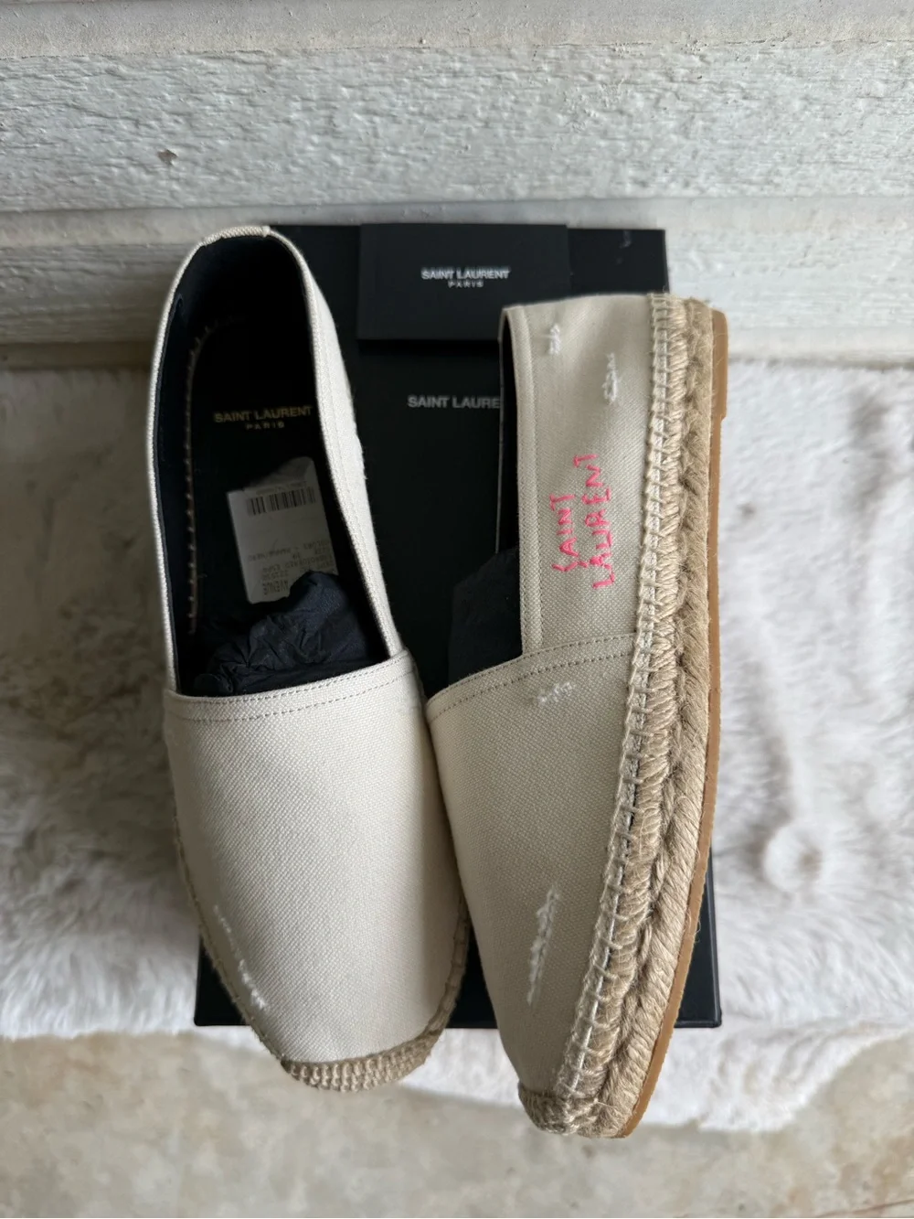 NEW | SAINT LAURENT Canvas Elba Logo Embroidered Espadrilles 39 Panna Flats